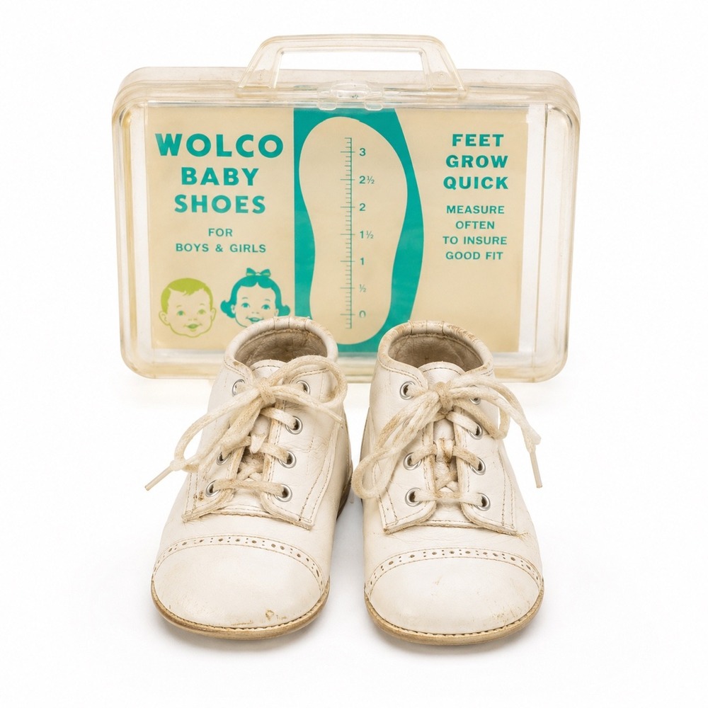 Vintage Wolco Baby Shoes White Leather High Top Size 3 w/ Original Case & Insert